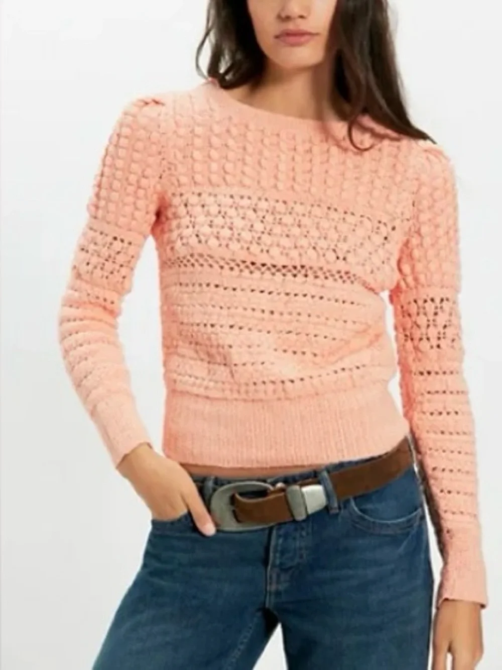 NWT Free People Penny Crochet Cotton Pullover - paradise peach - large